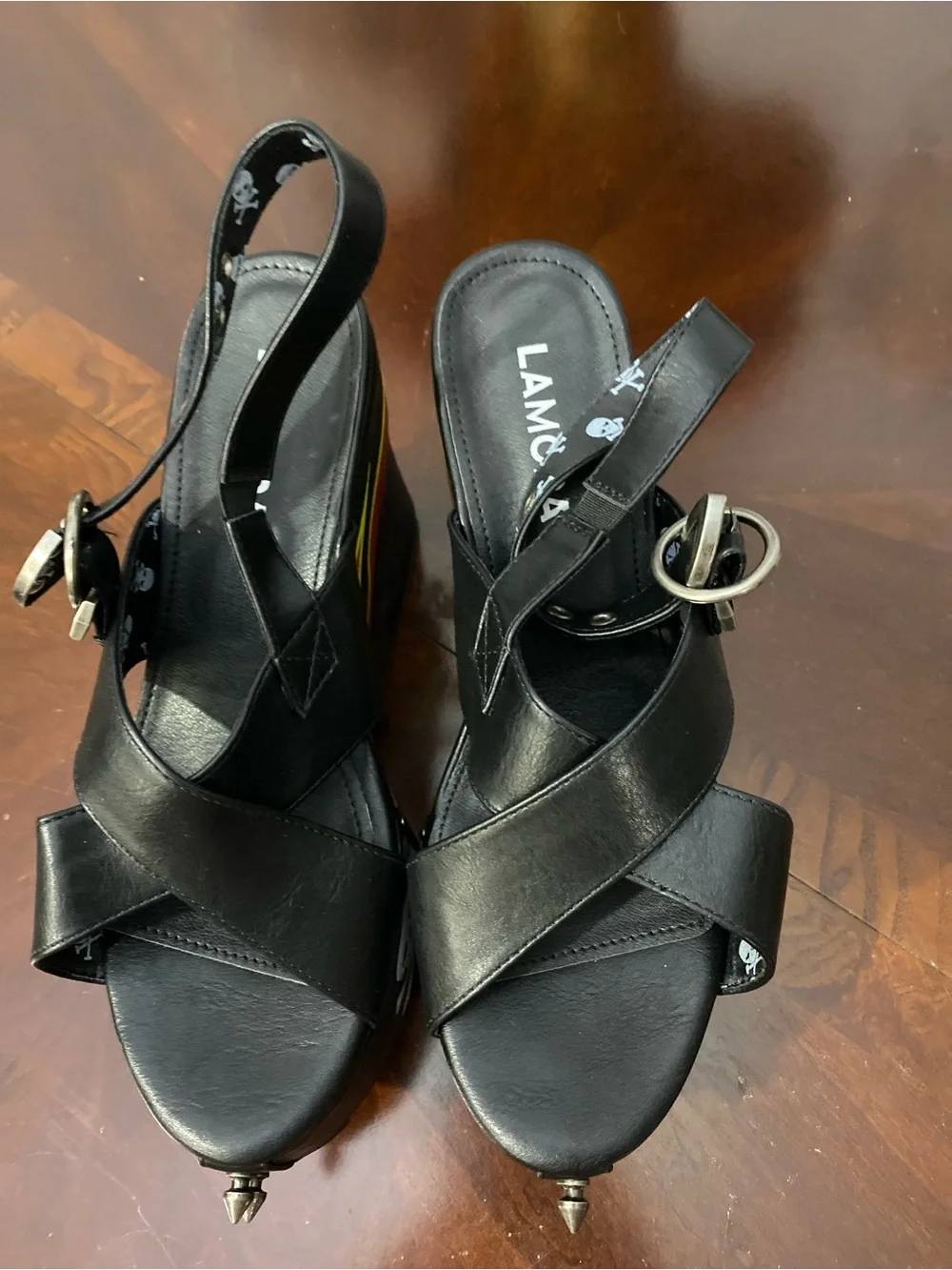 Lamo Black Platform Sandals with Red & Yellow Flame and Skull Detail
